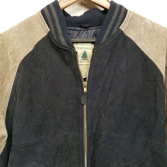 VTG Northwest Territory Leather Varsity Jacket Mens Large Blue Tan Suede Bomber - Picture 2 of 7